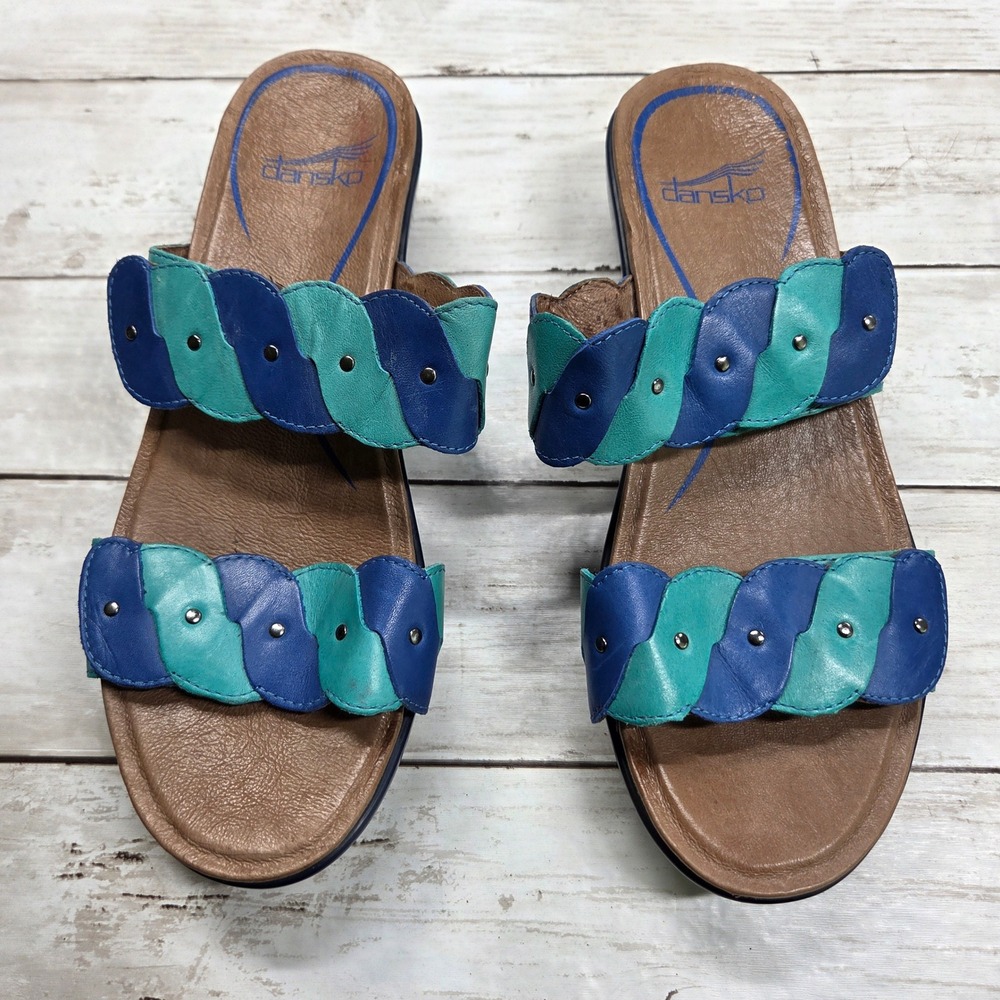 Dansko Dee Slide Wedge Sandals Womens 38 Blue Teal Leather Studded
